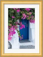 Greece, Santorini A Picturesque Blue Door Is Surrounded By Pink Bougainvillea In Firostefani Fine Art Print