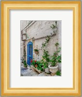 Italy, Puglia, Brindisi, Itria Valley, Ostuni Blue Door And Potted Plants Fine Art Print