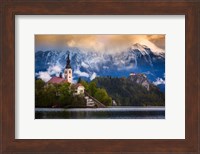 Europe, Slovenia, Lake Bled Church Castle On Lake Island And Mountain Landscape Fine Art Print