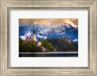 Europe, Slovenia, Lake Bled Church Castle On Lake Island And Mountain Landscape Fine Art Print