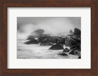 New Jersey, Cape May, Black And White Of Beach Waves Hitting Rocks Fine Art Print