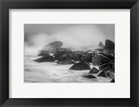 New Jersey, Cape May, Black And White Of Beach Waves Hitting Rocks Fine Art Print