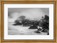 New Jersey, Cape May, Black And White Of Beach Waves Hitting Rocks Fine Art Print