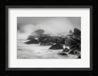 New Jersey, Cape May, Black And White Of Beach Waves Hitting Rocks Fine Art Print