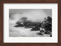 New Jersey, Cape May, Black And White Of Beach Waves Hitting Rocks Fine Art Print