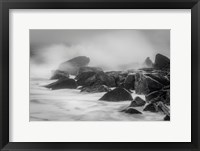 New Jersey, Cape May, Black And White Of Beach Waves Hitting Rocks Fine Art Print