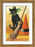Halloween Nostalgia Cat with Broom Fine Art Print