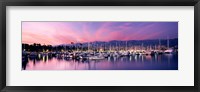 Boats Moored In Harbor At Sunset, Santa Barbara Harbor, California Framed Print