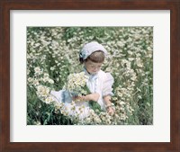 Little Girl In White Hat And Dress Picking Daises Fine Art Print