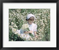 Little Girl In White Hat And Dress Picking Daises Fine Art Print