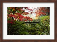 Autumn Leaves On Trees And Footbridge, Japanese Garden Fine Art Print