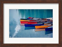 Colorful Rowboats Moored In Calm Lake, Alberta, Canada Fine Art Print
