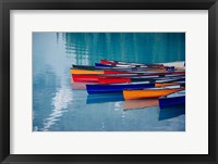 Colorful Rowboats Moored In Calm Lake, Alberta, Canada Fine Art Print