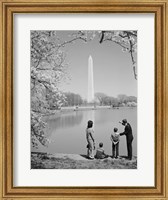 Family At Washington Monument Amid Cherry Blossoms Fine Art Print