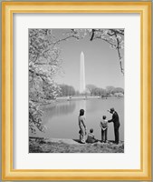 Family At Washington Monument Amid Cherry Blossoms Fine Art Print