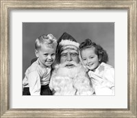 Santa Claus Posing With Young Boy And Girl Fine Art Print