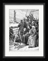Group Of Arriving Immigrants Huddled On Ship Deck Waving At Statue Of Liberty Fine Art Print