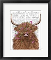 Highland Cow 1, Pink Flowers Book Print Fine Art Print