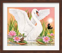 Swan, Frog And Blackbird At Sunset Fine Art Print