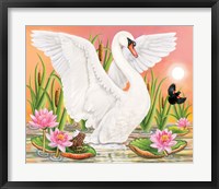 Swan, Frog And Blackbird At Sunset Fine Art Print