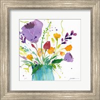 Teal Vase With Bright Flowers Fine Art Print