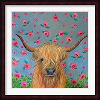 Highland Cow with Flowers Fine Art Print