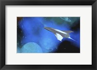 A Spaceship Voyages To the Outer Solar System Between Saturn and One of Its Moons Fine Art Print