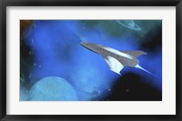 A Spaceship Voyages To the Outer Solar System Between Saturn and One of Its Moons Fine Art Print
