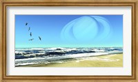 A Flock of Seagulls Fly Over Ocean Waves With Saturn Planet in the Sky Fine Art Print