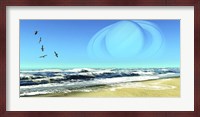 A Flock of Seagulls Fly Over Ocean Waves With Saturn Planet in the Sky Fine Art Print