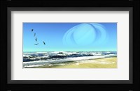 A Flock of Seagulls Fly Over Ocean Waves With Saturn Planet in the Sky Fine Art Print