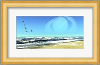 A Flock of Seagulls Fly Over Ocean Waves With Saturn Planet in the Sky Fine Art Print