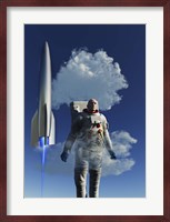 A Human Astronaut in Front of a Rocketship Taking Off Fine Art Print