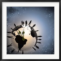 Human Silhouettes Standing Around Planet Earth, Representing Time and Crowd Fine Art Print