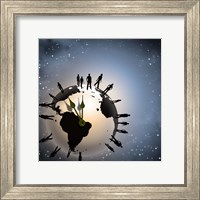 Human Silhouettes Standing Around Planet Earth, Representing Time and Crowd Fine Art Print