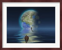 Man With Boat On Water Surface Before the Terraformed Moon Fine Art Print