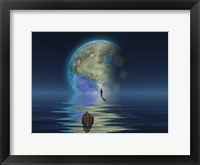 Man With Boat On Water Surface Before the Terraformed Moon Fine Art Print