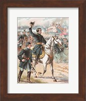 General Joseph Hooker riding on a horse and waving at his troops Fine Art Print