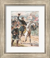 General Joseph Hooker riding on a horse and waving at his troops Fine Art Print
