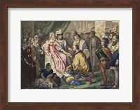 Christopher Columbus kneeling in front of Queen Isabella I Fine Art Print