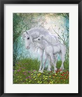 Unicorn Foal with Mother  in a Magical Forest Fine Art Print