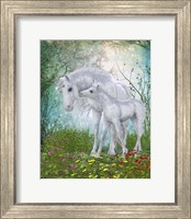 Unicorn Foal with Mother  in a Magical Forest Fine Art Print