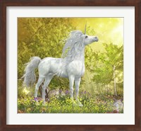 White Unicorn Stallion Stands in a Meadow Full of Flowers Fine Art Print