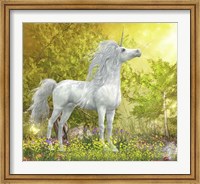White Unicorn Stallion Stands in a Meadow Full of Flowers Fine Art Print