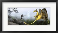 Flying Gold Dragon and Female Knight Fine Art Print