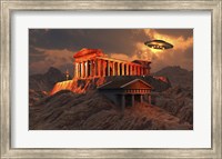 Flying Saucer Flying Above An Ancient Temple Complex Fine Art Print