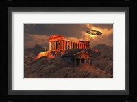 Flying Saucer Flying Above An Ancient Temple Complex Fine Art Print
