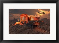 Flying Saucer Flying Above An Ancient Temple Complex Fine Art Print