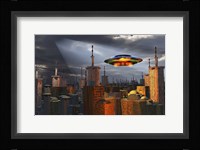 Alien Flying Saucer Flying Over a Futuristic City Fine Art Print