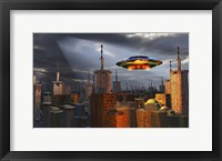 Alien Flying Saucer Flying Over a Futuristic City Fine Art Print